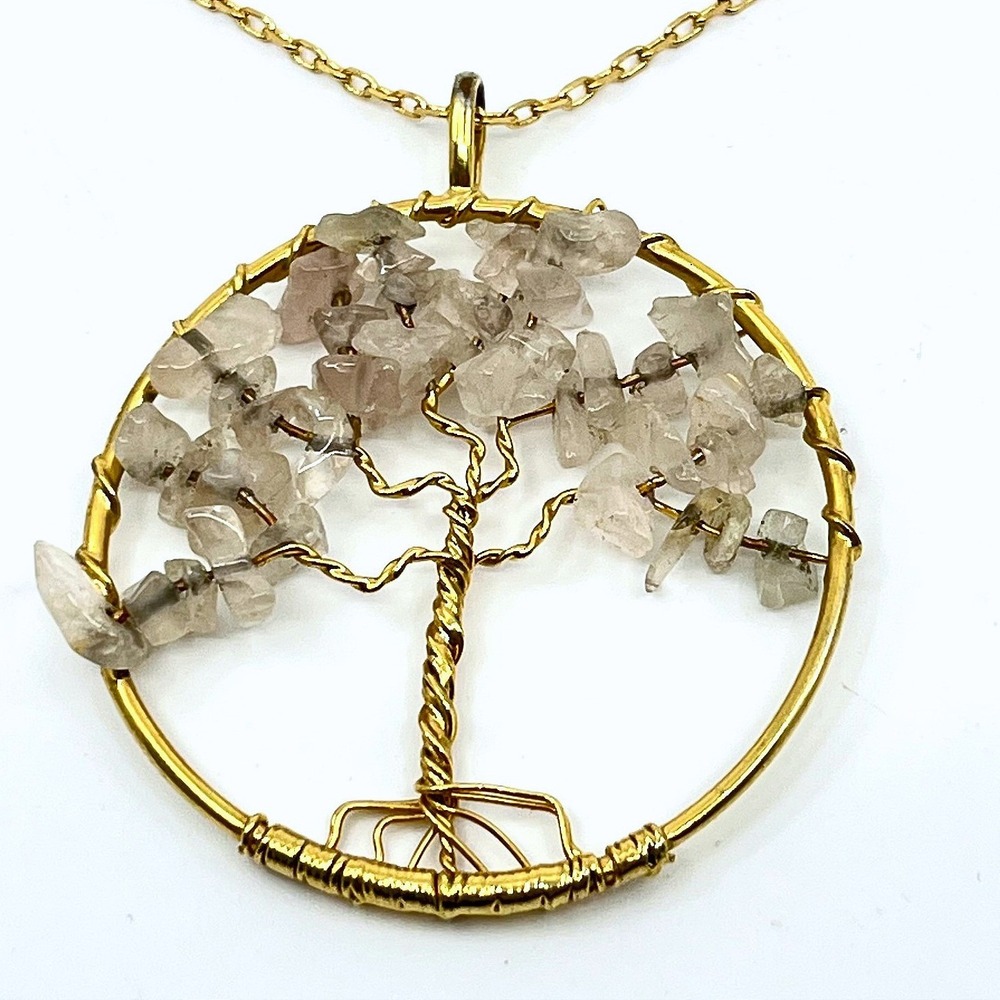 VTG Tree of Life Gold Tone Wire Wrapped Raw‎ Crystal Pendant Necklace Retro Boho